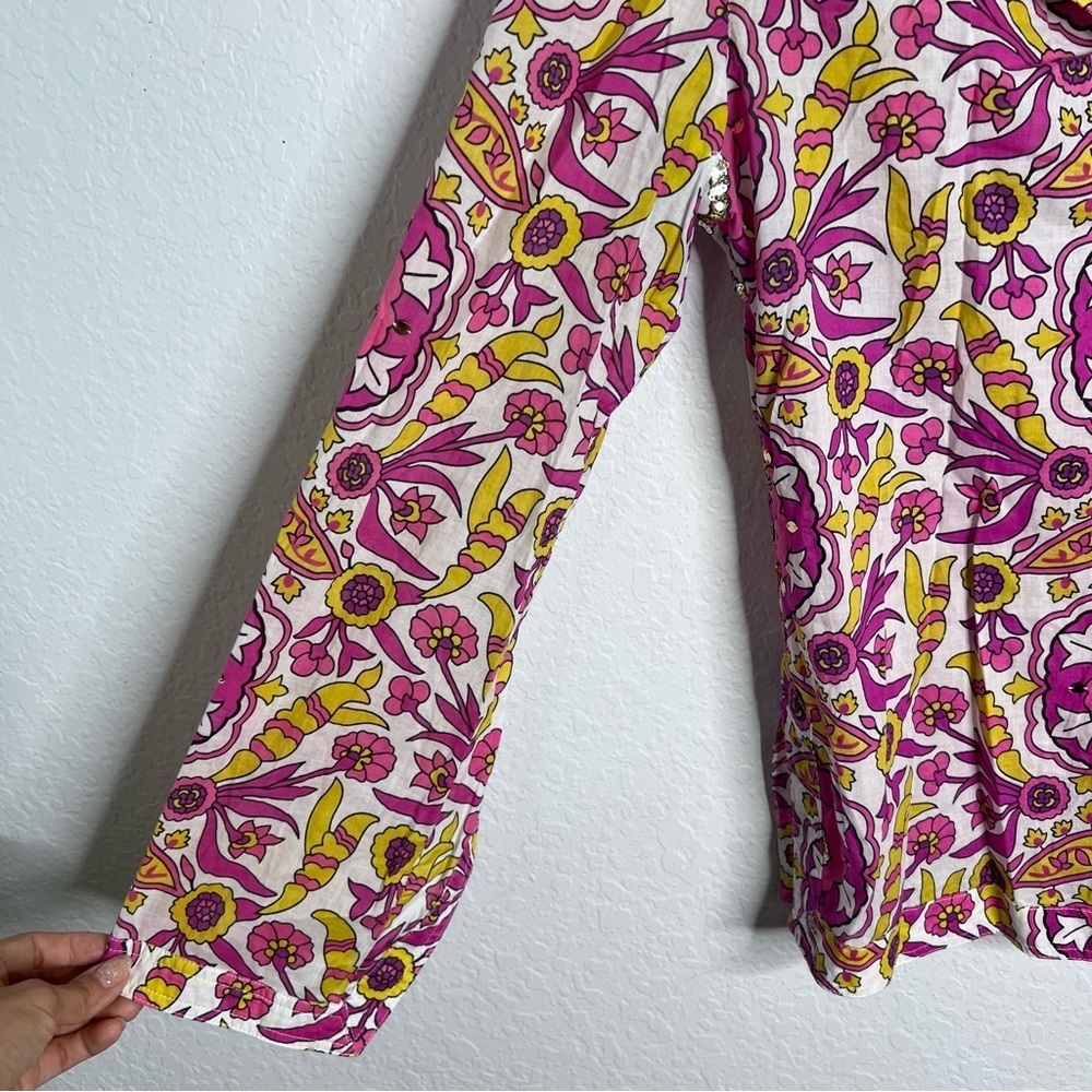 Tory Burch Top Women’s 8 Blouse Shirt Sequin Printed Floral Slit Sleeves C5 - Picture 3 of 11